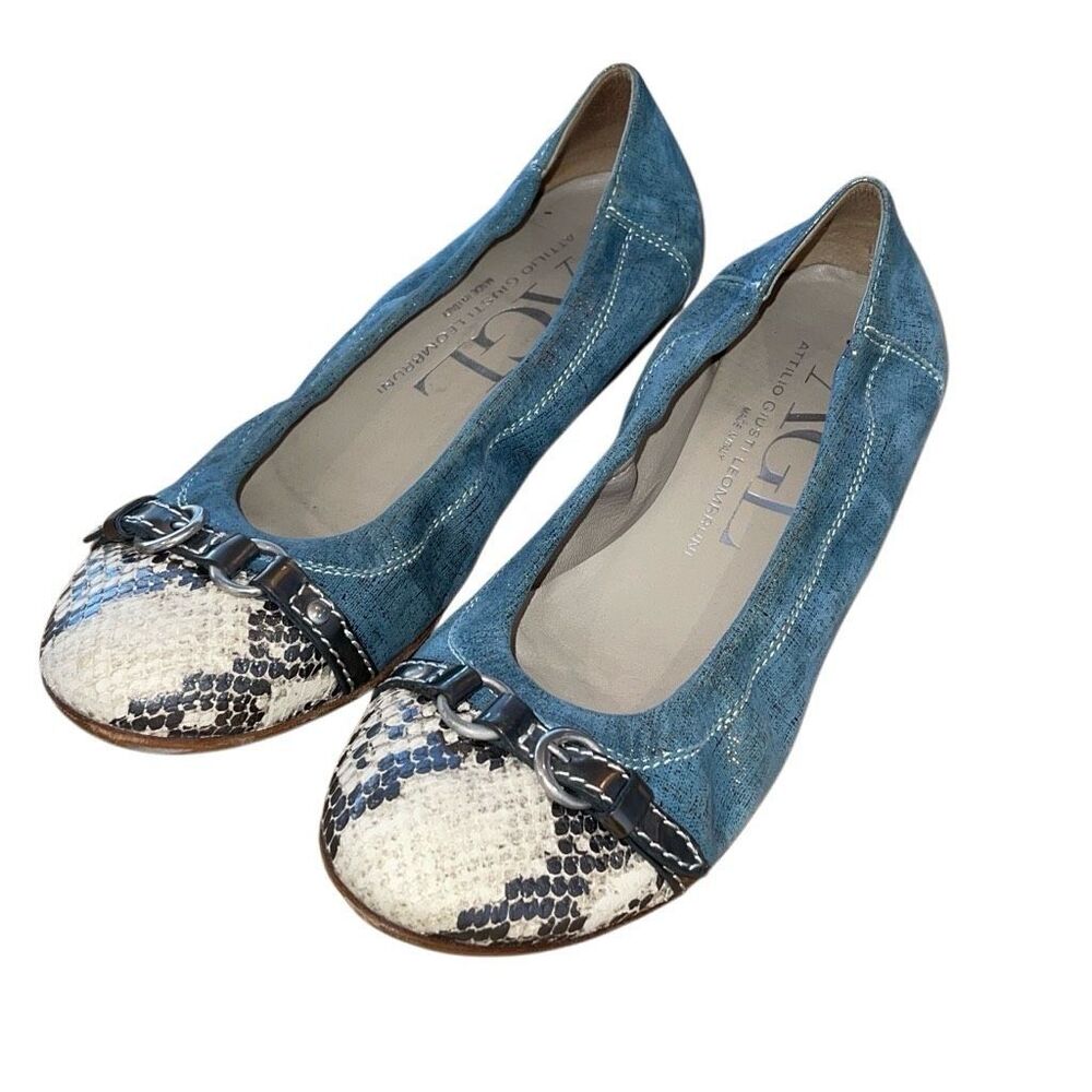 AGL Atillio Giusti Leombruni Womens Snakeskin Cap Toe Ballet Flats Blue Sz 36.5